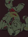 2023 animatronic anthro bulge digital_media_(artwork) five_nights_at_freddy's five_nights_at_freddy's_3 green_body hi_res joints kogito lagomorph leporid lidded_eyes lying machine male mammal on_back on_model rabbit robot scottgames solo springtrap_(fnaf) teeth