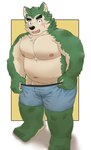 absurd_res anthro ateeesta_92 belly blush canid canine canis clothing domestic_dog eyebrows fupa fur green_body green_fur hi_res lifewonders live_a_hero male mammal mokdai musclegut muscular navel nipples overweight pecs solo thick_eyebrows underwear