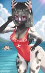 anthro black_hair black_spots breasts clothed clothing eyebrows eyelashes eyewear female fur glasses grey_body hair hi_res highleg highleg_swimsuit horizon lifeguard lifeguard_swimsuit long_hair looking_at_viewer mammal markings medium_breasts one-piece_swimsuit pinup pose red_clothing red_swimwear saardequeen sea seaside smile solo spots spotted_body spotted_fur summer sunglasses swimwear tail text text_on_clothing text_on_swimwear water wave