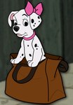 101_dalmatians accessory bag bow_(feature) bow_accessory bow_ribbon canid canine canis collar dalmatian digital_media_(artwork) disney domestic_dog dragonboy618 female feral hair_accessory hair_bow hair_ribbon hi_res mammal penny_(101_dalmatians) ribbons smile solo spots white_body young young_feral