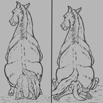 1:1 anonymous_artist big_butt butt butt_crush canid canine crush duo equid equine feral greyscale hi_res horse larger_feral looking_at_viewer looking_back mammal monochrome pawpads paws sitting sitting_on_another size_difference struggling