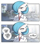 absurd_res blue_hair breasts clothed clothing comic dialogue english_text female gardevoir generation_3_pokemon hair hi_res nintendo open_mouth piercing pokemon pokemon_(species) saltyxodium shirt solo text topwear white_body