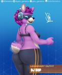 2019 absurd_res alpaca anthro big_butt blue_background blue_eyes bottomwear bra breasts butt camelid clothed clothing digital_media_(artwork) dj_bop electronics epic_games eyewear female fortnite fur gatogenerico glasses hair headphones hi_res huge_butt legwear looking_at_viewer looking_back mammal open_mouth pants pink_body pink_fur portrait short_hair simple_background smile solo tail tail_motion tailwag three-quarter_portrait tongue topwear underwear yoga_pants