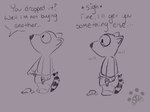 anthro belly big_nose bodily_fluids bottomwear clothed clothing comic dessert dialogue duo english_text food gesture hand_gesture hi_res ice_cream line_art littl3dipp male mammal markings monochrome navel offscreen_character paws pointing procyonid purple_background raccoon sad shorts simple_background sketch speech_bubble striped_markings striped_tail stripes summer swimming_trunks swimwear tail tail_markings tears text watermark young young_anthro young_male