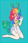 ambiguous_gender antennae_(anatomy) anthro blue_background blue_border border canid canine canis clean_diaper clothed clothing diaper domestic_dog eyewear fur gesture glasses hair hi_res hybrid kip_(kippinz) kippinz kneeling mammal multicolored_hair nonbinary_(lore) rainbow_hair red_nose round_glasses shirt simple_background solo spiked_tail spikes spikes_(anatomy) tail topwear waving wearing_diaper white_body white_fur