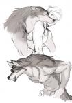 2017 ambiguous_gender anthro blue_eyes canid canine canis digital_media_(artwork) duo eyes_closed fur green_eyes grey_body grey_fur hair hug human jewelry kikurage male male/ambiguous mammal necklace open_mouth side_view white_body white_fur wolf