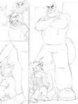 2023 anthro bottomwear brok_the_investigator clothing comic cowcat_games domestic_cat felid feline felis graff_filsh hat headgear headwear hi_res hoodie hybrid kemono macro male mammal monochrome muscular muscular_male mustelid ott_(brok_the_investigator) otter pants shirt size_difference skydon suid suina topwear warthog