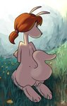 alicia_(rocko's_modern_life) anthro breasts brown_hair butt female full-length_portrait grass grey_body hair kangaroo kneeling looking_away macropod mammal marsupial nickelodeon nipples nude outside plant portrait rear_view rocko's_modern_life solo tvma