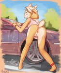 anklet anthro anus barefoot bent_over blush bottomless bovid butt caprine car car_wash casual_exposure clothed clothing conditional_dnp digital_media_(artwork) exhibitionism feet female female_anthro funkybun genitals goat jewelry lily_(funkybun) looking_at_viewer looking_back looking_back_at_viewer mammal outdoor_nudity parking_lot plantigrade presenting presenting_pussy public public_exposure public_nudity pussy rear_view shirt solo sponge standing tongue tongue_out topwear vehicle washing_car white_clothing white_shirt white_topwear