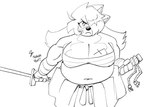 2023 4_fingers anaugi anthro arm_wraps big_breasts bottomwear breasts canid canine canis chest_wraps cleavage clothed clothing domestic_dog english_text female fingers hachimitsu hair hair_over_eye holding_object holding_weapon huge_breasts long_hair looking_at_viewer mammal midriff monochrome musclegut muscular one_eye_obstructed overweight overweight_female scar signature simple_background sketch skirt solo text weapon white_background wraps