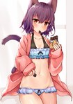 amber_eyes animal_humanoid bikini breasts candy cat_humanoid chocolate cleavage clothed clothing dessert eating felid felid_humanoid feline feline_humanoid female food hair hi_res humanoid kida_kuro_mu light_body light_skin looking_at_viewer mammal mammal_humanoid melan_(kida_kuro_mu) midriff navel purple_hair purple_tail robe skimpy solo swimwear tail two-piece_swimsuit