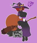 2022 anthro breasts broom broom_riding cleaning_tool clothing english_text female generation_8_pokemon hair hat headgear headwear hi_res jacket magic_user navel nickit nintendo pokemon pokemon_(species) purple_background red_body red_eyes red_hair simple_background solo tail tattoorexy text topwear witch witch_hat