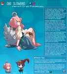 anthro blue_background chibi clothed clothing description english_text female generation_1_pokemon hair hi_res human humanoid id_number information information_box information_section kinkymation looking_back male mammal nintendo number pink_hair pokedex_entry pokemon pokemon_(species) simple_background slowbro species_description species_name species_sheet text text_box