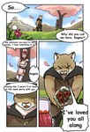 absurd_res anthro blush bouquet clothed clothing comic confession cougar english_text felid feline female flower flower_bouquet hi_res holding_object human male mammal northwoooof open_mouth plant regnar_(northwooof) speech_bubble text