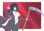 absurd_res anthro avian big_breasts bird black_body black_hair breasts byghosteduard female genitals hair helluva_boss hi_res long_hair melee_weapon nipples nude octavia_(helluva_boss) polearm pussy red_eyes scythe solo tail weapon white_body white_eyes