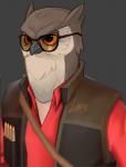 anthro avian bird brown_body brown_feathers eyewear feathers glasses grey_background icon lintufriikki low_res owl simple_background sir_hootsalot sniper_(team_fortress_2) solo team_fortress_2 valve