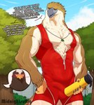 accipitrid accipitriform anthro avian beak bird blush bulge clothed clothing detailed_bulge dialogue duo eagle english_text erection erection_under_clothing food food_fetish genital_outline hi_res male midnightsultry muscular muscular_male outside pecs penis_outline philippine_eagle plant sea_eagle sky smile steller's_sea_eagle suggestive suggestive_food suggestive_pose text tracksuit tree zipper_down