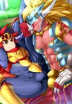 abs absurd_res anthro anthro_dominating_human armor balls_outline big_dom_small_sub black_hair blonde_hair bulge bushiroad clothed clothing detailed_bulge dominant dominant_anthro dominant_male dragon drum_bunker_dragon duo fangs future_card_buddyfight gao_mikado genital_outline grin hair headgear helmet hi_res holding_leg holding_partner horn human human_on_anthro imminent_anal imminent_sex interspecies kuroshinki larger_anthro larger_male long_hair lying male male/male mammal multicolored_hair muscular muscular_anthro muscular_male mythological_creature mythological_scalie mythology nipples on_back open_clothing open_topwear open_vest pecs penis_outline red_body red_hair scalie size_difference smaller_human smaller_male smile spread_legs spreading submissive submissive_human submissive_male teeth tight_clothing topwear vest