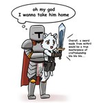 anthro arctic_fox canid canine carrying_another comic duo english_text fox hi_res human knight knight_(nw) male mammal melee_weapon northwoooof size_difference snow_(northwoooof) sword text true_fox warrior weapon