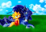 2014 absurd_res blue_eyes blue_sky cloud cloudy_sky duo equid equine female female/female friendship_is_magic gladiatorromanus grass hasbro hi_res horn human lisa_simpson mammal my_little_pony mythological_creature mythological_equine mythology plant princess_luna_(mlp) sky smile the_simpsons winged_unicorn wings yellow_body yellow_skin