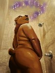 3:4 absurd_res anthro bathing bear benny_(bennyafterdark) big_butt butt draw_over hi_res karikore male mammal musical_note musical_symbol shower showering singing singing_in_the_shower slightly_chubby solo symbol thick_thighs washcloth wet