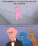 ambiguous_gender animan_studios anthro axel_in_harlem blue_body blue_fur bow_tie brown_body brown_fur clothing english_text fluffy_pony fluffy_pony_(species) fur group hi_res i_put_the_new_forgis_on_the_jeep larur mammal meme pink_body pink_fur sidewalk street suit text