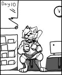 anthro big_bulge bodily_fluids bulge clock clothed clothing day_count detailed_background felid feline fully_clothed kahto_taph42 looking_down male mammal meme monochrome no_nut_november reading reading_magazine shaded simple_shading sitting solo tail waiting waiting_room