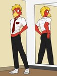 3:4 anthro avian bird bottomwear clothed clothing clothing_lift dressing fitting_room footwear fuze hi_res looking_back male mirror navel necktie pants shirt shirt_lift socks solo topwear tyler_(fuze)