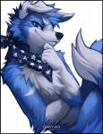 2019 anthro bery black_border black_nose blue_eyes border canid canine canis clothing digital_media_(artwork) dipstick_tail domestic_dog falvie floppy_ears fur hair humanoid_hands kerchief looking_at_viewer male mammal markings multicolored_tail simple_background smile smirk solo tail tail_markings teeth white_background