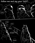 absurd_res anthro black_background canid colored_line_art comic dark dialogue digital_drawing_(artwork) digital_media_(artwork) english_text eyewear felid female fifty_seventh_(kofomy) glasses hi_res kofomy male mammal monochrome simple_background speech_bubble text white_line_art