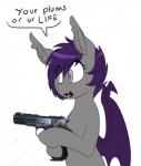 bat_pony bat_wings dialogue digital_media_(artwork) english_text equid fan_character fangs female gun hair half-length_portrait handgun hasbro holding_gun holding_object holding_ranged_weapon holding_weapon mammal membrane_(anatomy) membranous_wings my_little_pony nolegs_(oc) nude portrait pupils purple_eyes purple_hair ranged_weapon replica_(artist) slit_pupils solo teeth text threatening watermark weapon wings