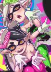 animal_humanoid black_hair blush breasts callie_(splatoon) cephalopod cephalopod_humanoid cleavage clothed clothing cousins_(lore) duo eroquis female gloves hair handwear humanoid humanoid_pointy_ears inkling lips looking_at_viewer marie_(splatoon) marine marine_humanoid mollusk mollusk_humanoid nintendo orange_eyes pseudo_hair splatoon squid_sisters_(splatoon) tentacle_hair tentacles white_hair