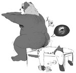 adrian_dough anal_fluids anthro anus armpit_hair back_hair bear bearnard_adams bench big_butt black_bear bodily_fluids body_hair bulge butt butt_hair clothed clothing dumbbell duo erection erection_under_clothing exercise facesitting fur greyscale hairy head_in_ass hi_res hyena internal male male/male mammal markings monochrome nub_tail oral overweight overweight_male patting_butt pubes puffy_anus sex sitting_on_another size_difference slim slim_male snout_fuck spots spotted_body spotted_fur squatting_position sweat tenting underwear underwear_only ursine weights