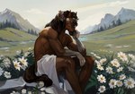 2024 5_fingers anthro areola artist_name biped blue_eyes brown_areola brown_body brown_mane brown_nipples brown_tail cloud day detailed_background digital_media_(artwork) equid equine eyebrows fingers flower flower_crown ganachethehorse gloves_(marking) grass hi_res horse male male_anthro mammal mane markings mountain muscular muscular_anthro muscular_male nipples outside pecs plant rednoir_(artist) sitting sky solo tail tree water