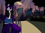 2017 anthro blue_eyes bottomwear canid canine city city_background clothed clothing cutoffs denim denim_bottomwear denim_clothing female fox fur giennah_(nelljoestar) jacket long_tail mammal nelljoestar one_eye_closed park purple_body purple_fur sharp_teeth shorts smile solo sunset tail teeth topwear