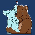 1:1 2023 anthro bear bearphones blue_background blue_body brown_bear brown_body brown_fur digital_drawing_(artwork) digital_media_(artwork) duo eyes_closed flat_colors fur grizzly_bear happy heart_symbol hi_res hug male mammal neck_tuft outline peperott reaction_image side_view simple_background smile tuft ursine white_outline ych_(character)