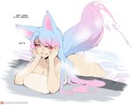 absurd_res animal_humanoid big_breasts blue_hair breasts canid canid_humanoid canine canine_humanoid female fox_ears hair hi_res humanoid long_hair luxurias mammal mammal_humanoid multicolored_hair partially_submerged pink_hair silvervale solo tail text vshojo vtuber