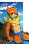 2_tails after_transformation anthro arm_fins big_bulge blue_clothing blue_speedo blue_swimwear buizel bulge clothed clothing eyewear fangs fin flotation_sac fur generation_4_pokemon glasses male mammal markings multi_tail mustelid nintendo one_eye_closed orange_body orange_fur partially_clothed partially_submerged pokemon pokemon_(species) sky_background solo speedo swimwear tail tan_body tan_fur teeth tongue tongue_out toshabi water whisker_markings wink