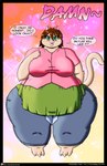 2019 absurd_res anthro belly big_belly big_breasts blush bottomwear breasts brown_hair clothing colored comic domestic_cat dress_shirt english_text felid feline felis female hair hi_res huge_thighs if_hell_had_a_taste mammal marci_hetson morbidly_obese morbidly_obese_anthro morbidly_obese_female obese obese_anthro obese_female open_mouth overweight overweight_anthro overweight_female pants profanity shirt solo speech_bubble teal_eyes text thick_thighs topwear url viroveteruscy wide_hips