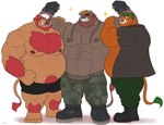 2023 abs anthro arm_tuft barefoot beard belly belt big_belly big_muscles boots boris_(heavyrocksboar) bottomwear brown_body camo camo_bottomwear camo_clothing camo_pants camo_print captain_spike_(jim55) chain chest_tuft clothed clothing duncan_(bowserfan93) ear_piercing facial_hair feet flexing flexing_bicep flexing_both_biceps footwear gloves group hair hand_on_arm handwear hi_res huge_muscles leg_tuft male mammal multicolored_hair musclegut muscular muscular_anthro muscular_male navel nipples open_clothing open_shirt open_topwear pants pattern_bottomwear pattern_clothing pattern_pants pecs piercing same22shark shirt shoes shorts simple_background suid suina sus_(pig) topwear trio tuft tusks wild_boar