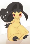 2022 2_toes absurd_res bangs black_body black_skin blush blush_lines english_text featureless_crotch feet female flat_chested freckles generation_3_pokemon gloves_(marking) hair_mouth hi_res humanoid leaning leaning_on_wall looking_at_viewer markings mawaifu mawile meme nintendo nude parted_bangs pokemon pokemon_(species) pseudo_hair red_eyes sharp_teeth solo strip_meme teeth text toes twitter yellow_body yellow_skin