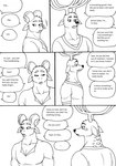 2023 anthro antlers awkward bernielover bernielover's_college_au blush bovid caprine clothed clothing comic deer devon_(bernielover) dialogue duo english_text fur hi_res horn male male/male mammal markings monochrome muscular muscular_anthro muscular_male shirt speech_bubble spots spotted_body spotted_fur text topwear whitney_(bernielover)