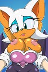 2:3 anthro areola bat big_breasts blue_eyeshadow blush breast_grab breast_squeeze breasts duo eyeshadow female grabbing_both_breasts green_eyes hair hand_on_another's_breast hand_on_breast hi_res lipstick makeup mammal nipples pink_areola pink_lipstick pink_nipples rouge_the_bat sega solo_focus sonic_the_hedgehog_(series) sonicguru squeezing white_hair wings