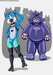 absurd_res after_transformation ambiguous_gender anthro avian bird bound clothing duo_focus encasement group handwear harness hi_res latex male male/ambiguous mascot mittens mittens_(panapoliz) null null_bulge owy_(character) suit xedrykthedragon