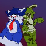 1:1 absurd_res anthro big_breasts biscuit_(chibitay) blue_body blue_hair breasts candy_(fnac) chibi_(chibitay) chibitay cosplay crossover crossover_cosplay domestic_cat duo fazbear_fanverse felid feline felis female five_nights_at_candy's five_nights_at_freddy's five_nights_at_freddy's_3 green_body green_hair hair hi_res lagomorph leporid mammal multicolored_body narrowed_eyes rabbit red_eyes scottgames springtrap_(fnaf) thick_thighs translop translynx white_body yellow_eyes