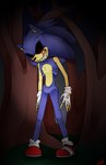 anthro blood blue_body blue_fur bodily_fluids clothing creepy creepypasta demonic emaciated eulipotyphlan evil_grin footwear fur gloves gottagoblast handwear hedgehog horror_(theme) looking_at_viewer male mammal nightmare_fuel plant red_eyes sega sharp_teeth shoes smile solo sonic.exe sonic.exe_(creepypasta) sonic_the_hedgehog_(series) tail teeth torn_clothing tree