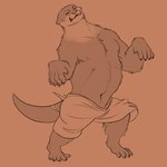 1:1 anthro awarebear bottomwear clothed clothing eyes_closed fur male mammal mid_transformation mustelid navel nipples orange_background otter oversized_clothing paws simple_background solo tail topless torn_clothing transformation werecreature weremustelid wereotter