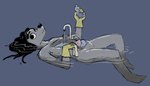 ambiguous_gender anthro canid canine canis clothing d6016 dishes domestic_dog floating gloves grey_background hair handwear lying mammal on_back partially_submerged running_water simple_background sinkdog solo water wet_hair