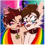 1:1 anthro bisexual_pride_colors blep bodypaint brown_hair cheek_tuft clothing collar cozymun domestic_cat ear_piercing ear_ring eyes_closed face_paint facial_piercing facial_tuft felid feline felis forked_tongue fur genderfluid_pride_colors hair hi_res lgbt_pride lgbt_pride_month lip_piercing lynx male mammal markings munsy_(blaxat) pentacle_pendant pentagram_necklace piercing pride_color_bodypaint pride_color_clothing pride_color_face_paint pride_color_flag pride_colors rainbow_pride_colors ring_piercing simple_background six-stripe_rainbow_pride_colors smile snakebite_piercing spots spotted_body spotted_fur tan_body tan_fur tongue tongue_out tuft vincian_pride_colors wearing_flag white_body white_fur wide_eyed