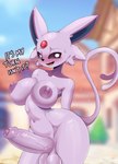 absurd_res anthro anthrofied areola ashraely balls big_breasts big_penis black_eyes blush breasts digital_media_(artwork) eeveelution english_text erection espeon foreskin generation_2_pokemon genitals glistening glistening_body gynomorph hi_res huge_breasts humanoid_genitalia humanoid_penis intersex looking_at_viewer mammal nintendo nipples nude nude_anthro nude_gynomorph nude_intersex outdoor_nudity outside partially_retracted_foreskin penis pink_areola pink_body pink_nipples pink_penis pink_tail pokemon pokemon_(species) pokemorph shaded simple_background smile solo tail text thick_penis thick_thighs third-party_edit wide_hips